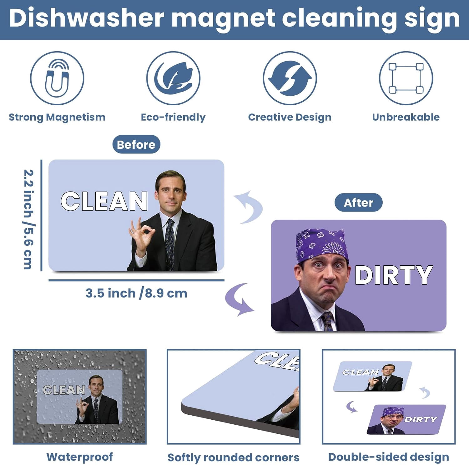 The Office Michael Scott Prison Mike Dishwasher Magnet Clean Dirty Sign Indicator Magnet Double Sided Flip with Metal Magnetic Plate Universal Kitchen Dish Washer Reversible Waterproof Sign