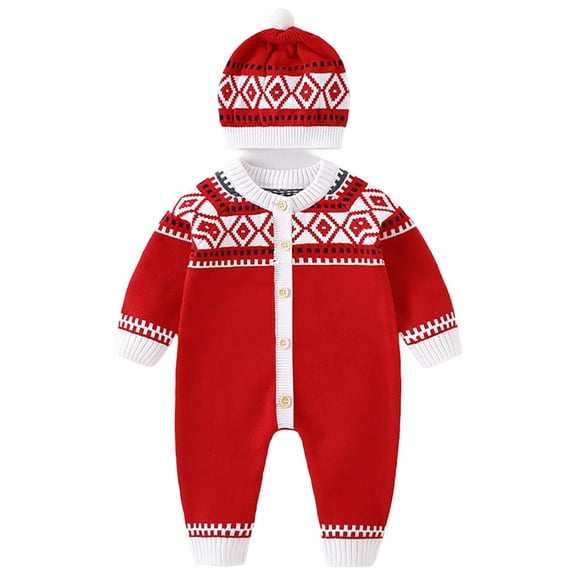 Coerni New Born Baby Girls Boys Christmas Sweater Jumpsuit Winter Knit Romper Clothes Button Bodysuit Jumpsuit Hat 2pcs Outfit