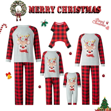 

Family Matching Christmas Pajamas Set Elk Plaid Print Tops Pants Xmas Holiday Loungewear Sleepwear Jammies Pjs Outfit