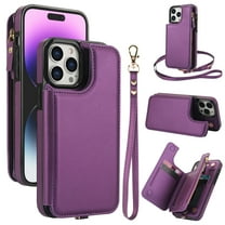 Wallet Case for Apple iPhone 15 Pro, with Crossbody Shoulder Strap & Hand Wrist Cards Holder Zipper Pocket Stand Feature Full Protective Shockpoof Phone Case for iPhone 15 Pro, Darkpurple