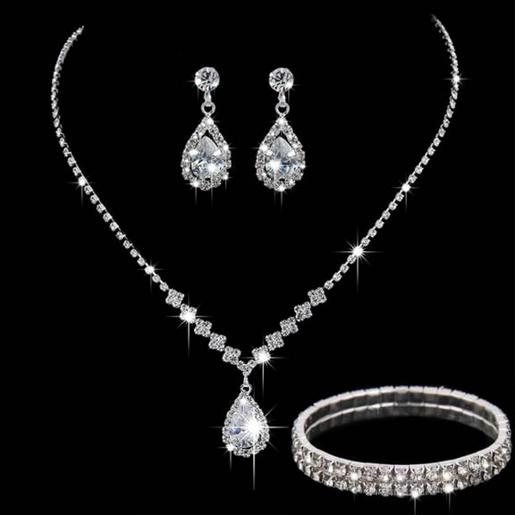 Crystal Necklace Earrings Bracelets Set Wedding Rhinestones Necklaces Rhinestone Teardrop Pendant Earrings Shiny Bracelet Jewelry