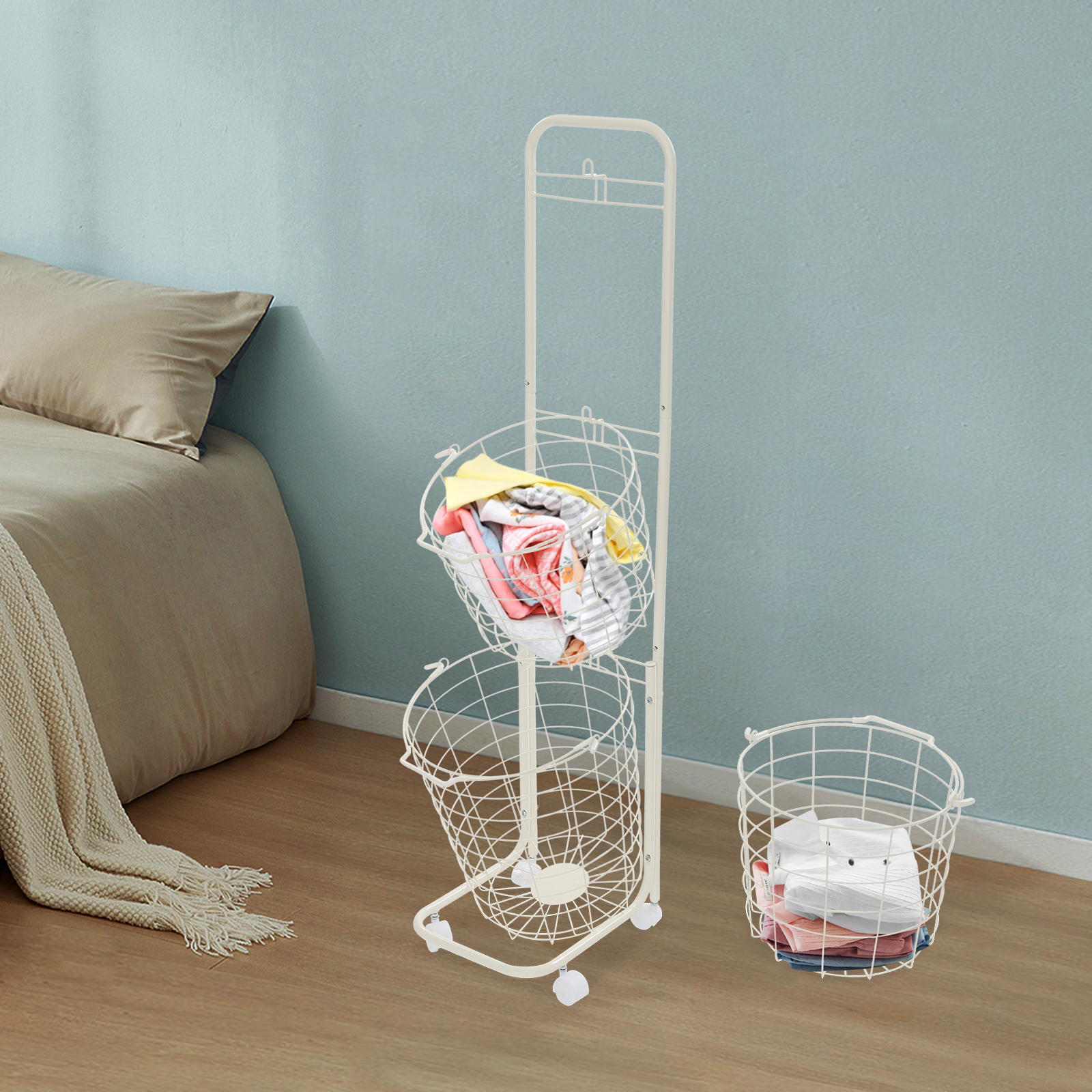 Miumaeov 3 Tier Laundry Hamper, Metal Standing Laundry Baskets, Removable Sorter Storage Trolley Shelf Basket with 4 Universal Wheels