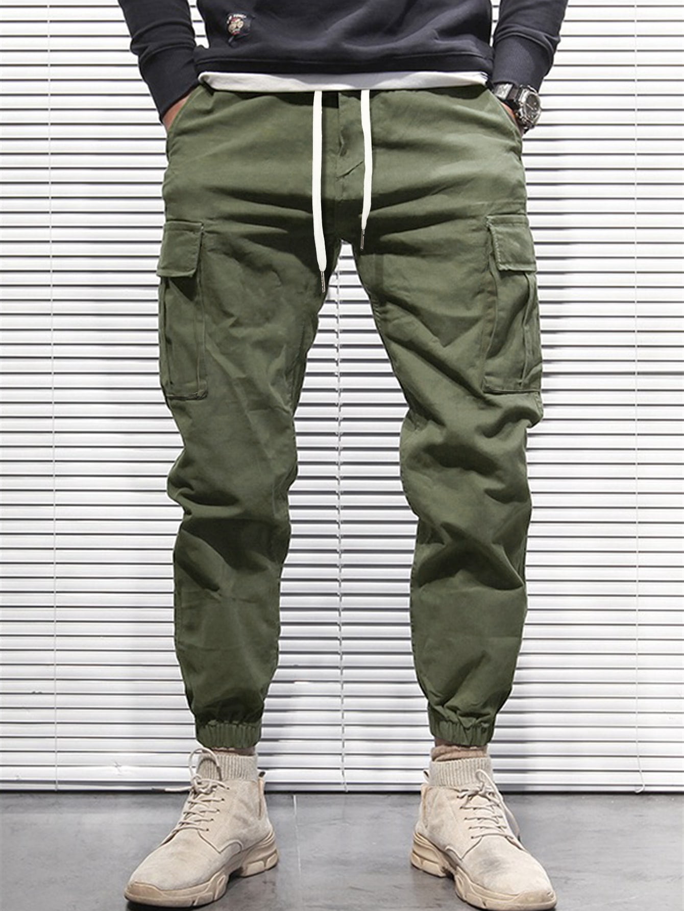 Army Green Casual Men Flap Pocket Side 