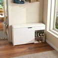 thumbnail image 3 of 39" Storage Bench with Flip Drawer and Open Shelf, Upholstered Bench Seat with Hidden Storage, Wood 3-Tier Small Shoe Cabinet for Hallway, Living Room, 3 of 9