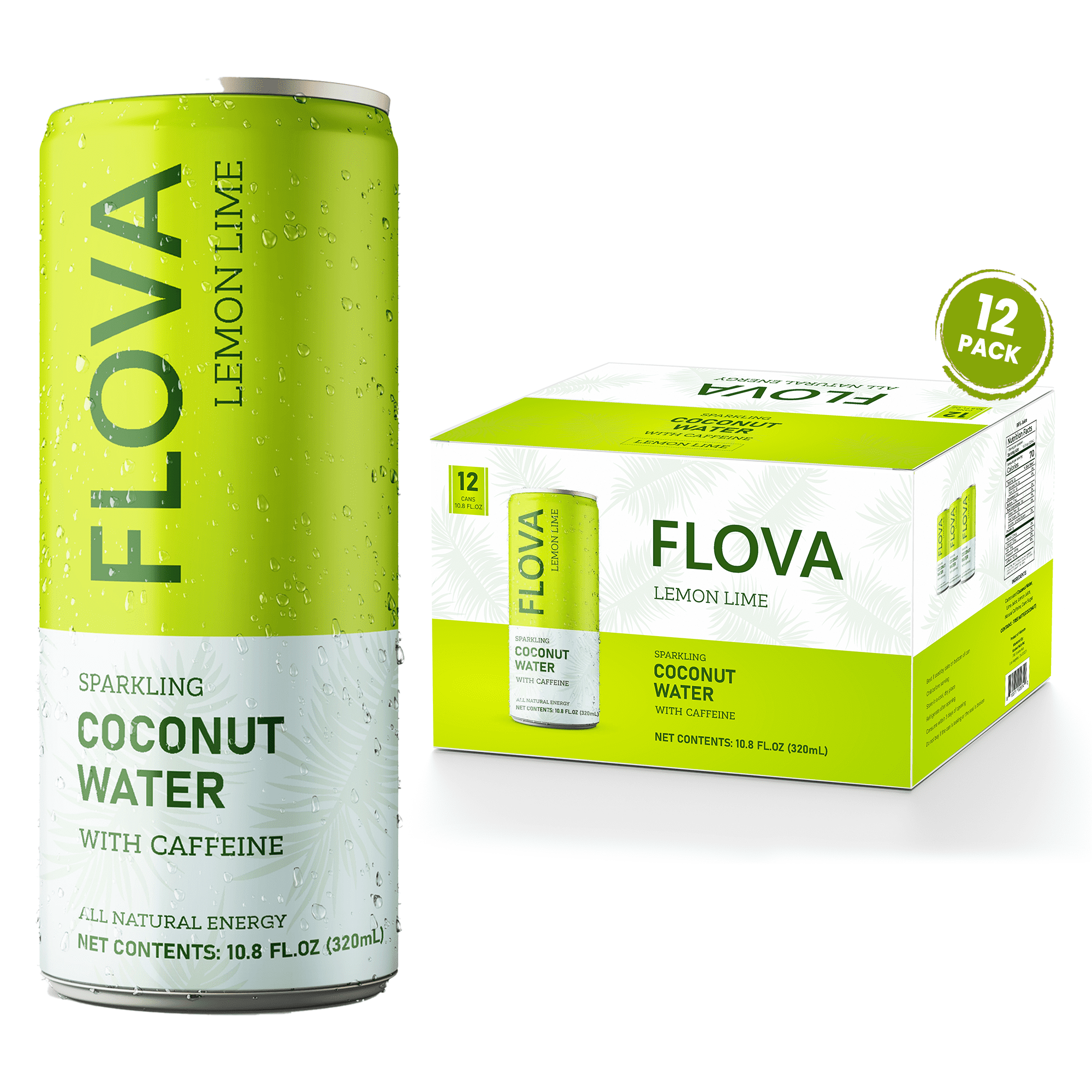 Flova Lemon Lime Energy Drink, All Natural, Electrolytes and Minerals from Coconut Water, 4 Simple Easy to Pronounce Ingredients, 99% Juice, Pack of 12 Cans