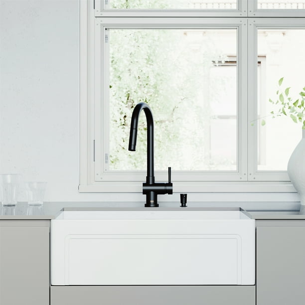 Vigo 30 All In One A Front White Matte Stone Farmhouse Kitchen Sink Set With Gramercy Pull Down Faucet Black Com Matte Stone Farmhouse Kitchen Sink Set, Vigo Matte Stone Farmhouse Sink Reviews