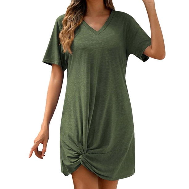 2025 Nuevo vestido de playa de verano con cuello en V, manga corta y nudo lateral - Minivestido informal para mujer - Tallas S-XXL