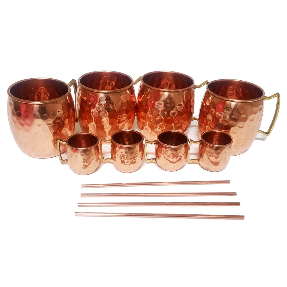 Each Hammered Mug Holds 18 Ounces by SciencePurchase Set of 4 Pure Copper Moscow Mule Mugs Gift Set with 4 Copper Cocktail Straws and 2 Shot Glasses 