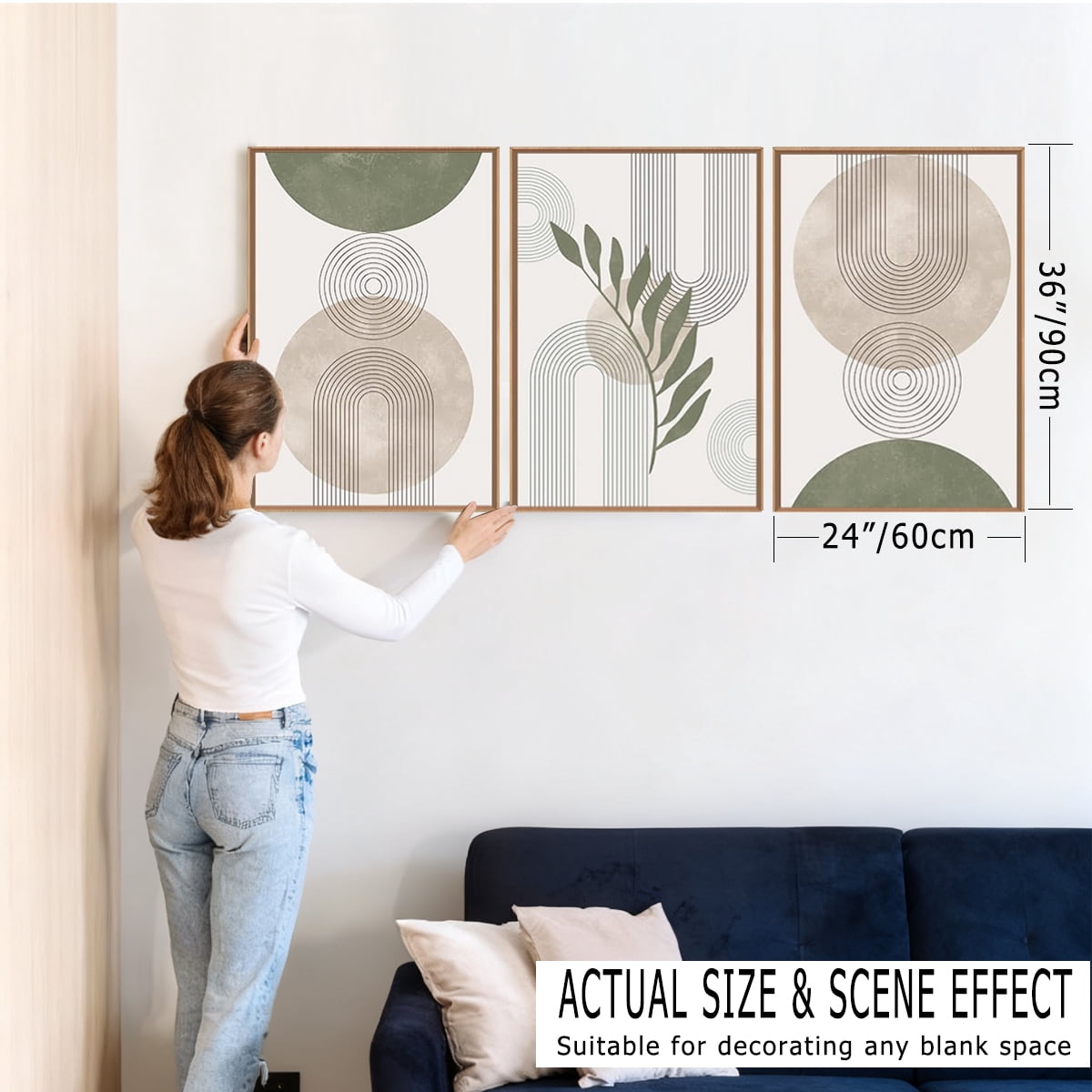 TOARTi Boho Canvas Wall Art Sage Green Framed Minimalist Painting Modern Geometric Abstract Prints Set of 3 for Living Room Bedroom Office 24x36 Inch