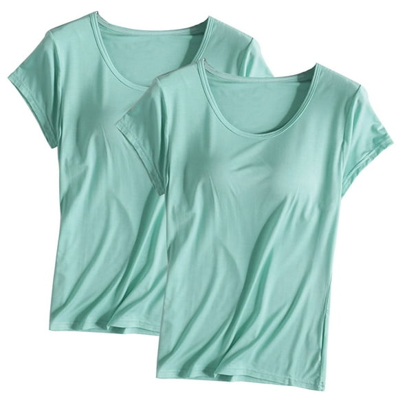 Yubnlvae Women's 2-Pack Shirt with Built-in Bra Padded Crewneck Short Sleeve Athletic Top - (Breathable Comfort | Solid Color | Layering Essential) (A | L)