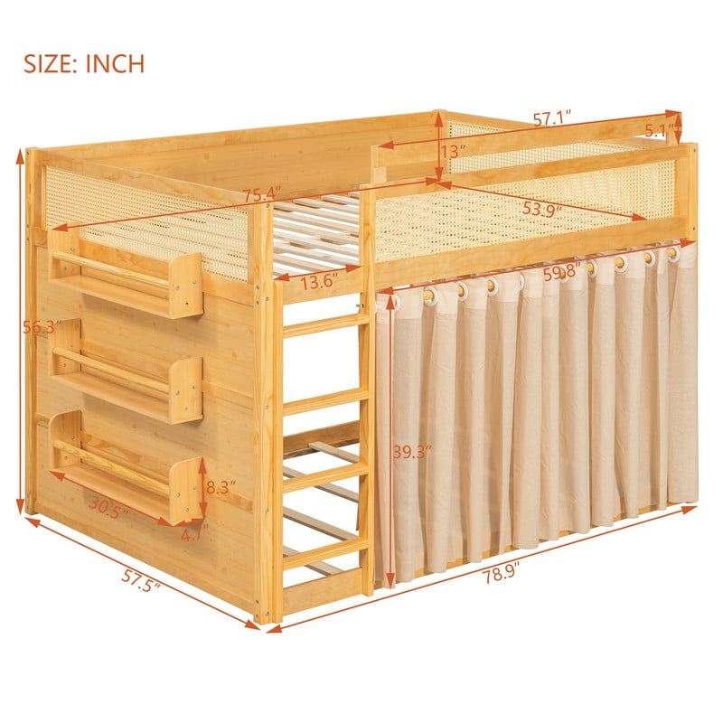 Full-Over-Full Bunk Bed with Bedside 3-Tier Storage Bookshelf, Teens/Kids Rattan Guardrail Bed Frame with Curtain & Light