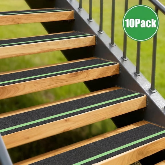 10-Pack Anti Slip Stair Treads, 4 x 24-inch Glow in the Dark Abrasive Traction Tape with Roller, Outdoor Non Skid Adhesive Strips