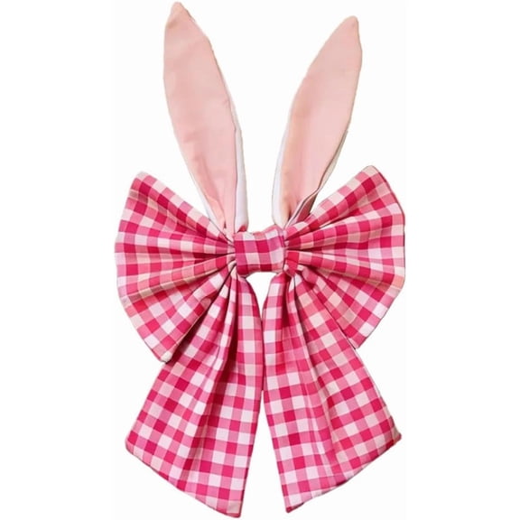 15.7 Inch Easter Bunny Ears Wreath Bow Rustic Buffalo Plaid Easter Bows for Wreaths Spring Holiday Fabric Decorative Bow for Tree Topper Front Door Wall Window Home Party DIY Crafts (Pink)