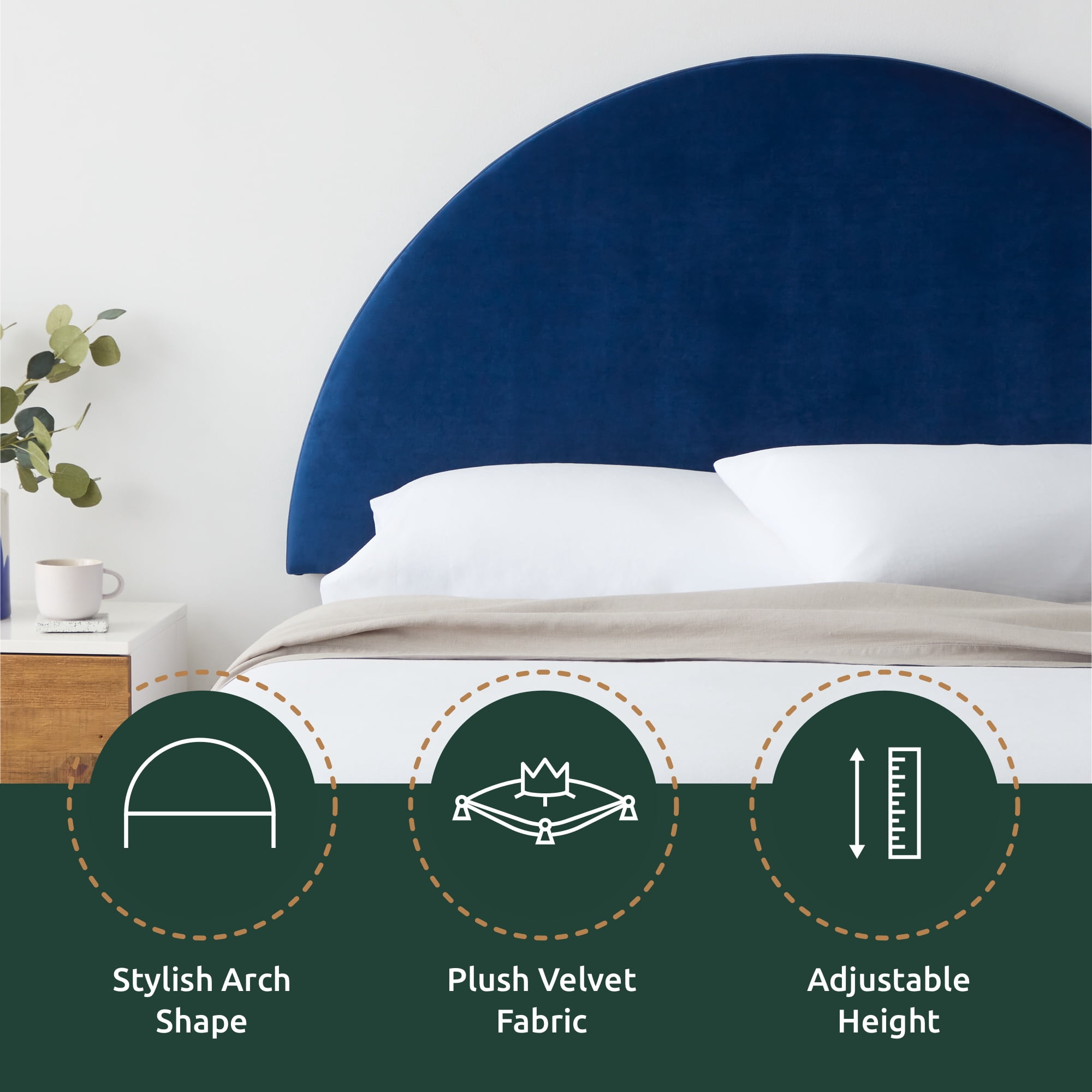Rest Haven Manchester Half-Moon Modern Upholstered Headboard, Full, Velvet Navy