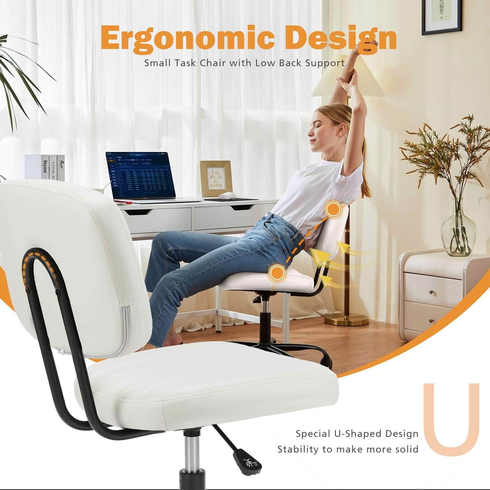 MAYEERTY 360° Swivel Armless Desk Chair, Height Adjustable PU Leather Rolling Computer Task Chair for Bedroom Nail Salon Vanity Room