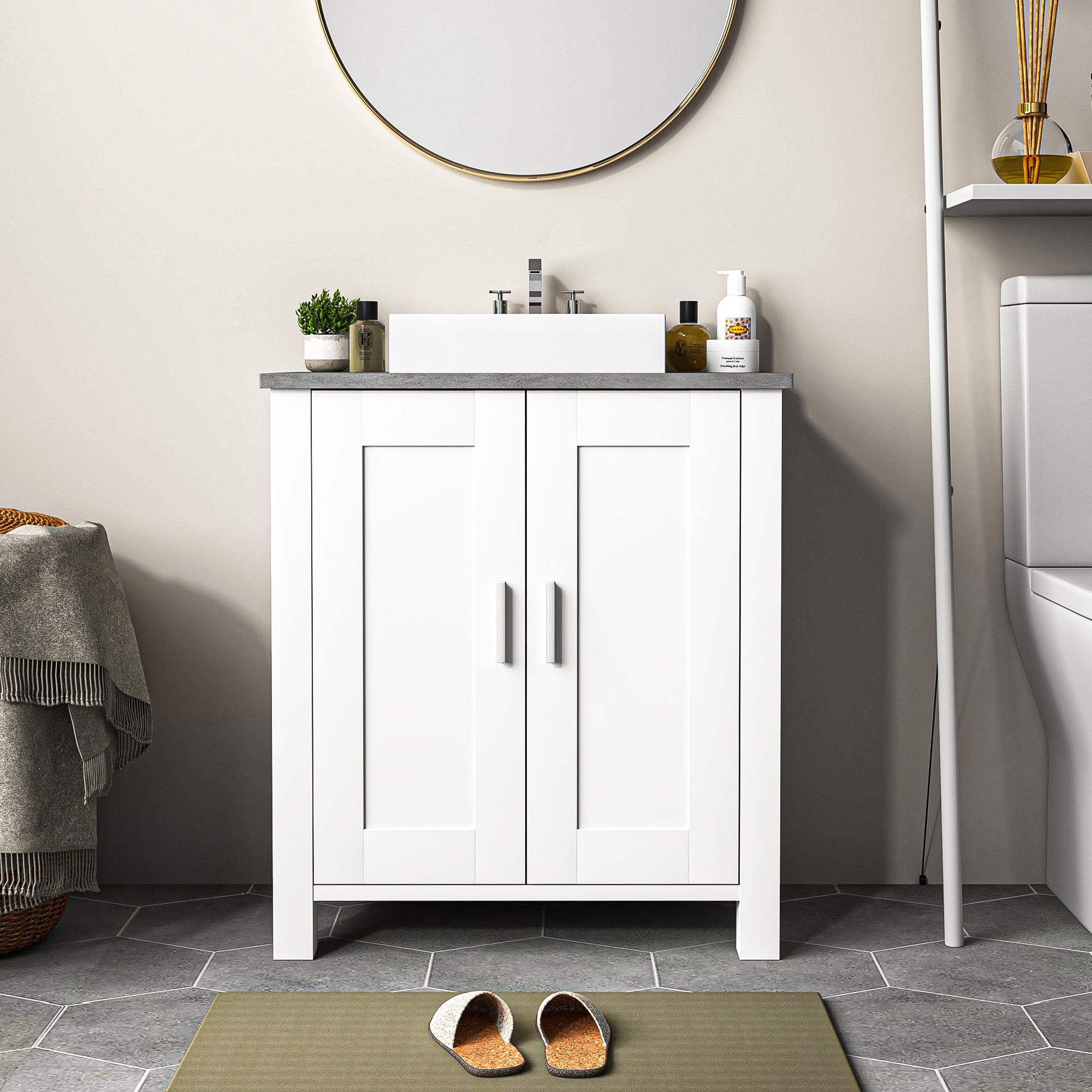 Topcobe Modern Freestanding Under Sink Cupboard with 2 Door and Shelf, Wooden Storage Vanity