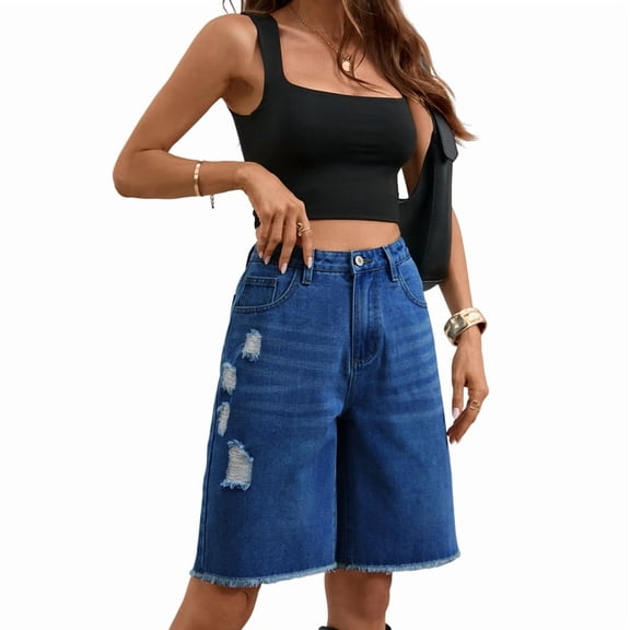 Women Denim Bermuda Shorts Knee Length Low Rise Baggy Jorts L
