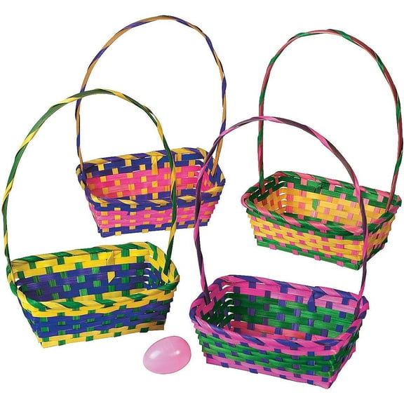 Multicolored Rectangular Easter Baskets, Bulk set of 12, Each Basket is 3 inch x 8 inch with 10 Inch Handle