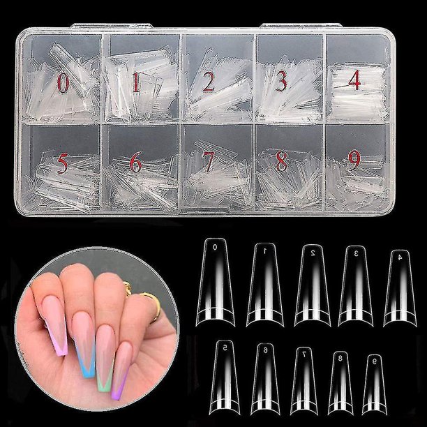 Uñas postizas con forma de ataúd largas, 500 Uds., puntas transparentes para uñas acrílicas, dama francesa, 10 tamaños, media cubierta, puntas artificiales para decoración de uñas postizas