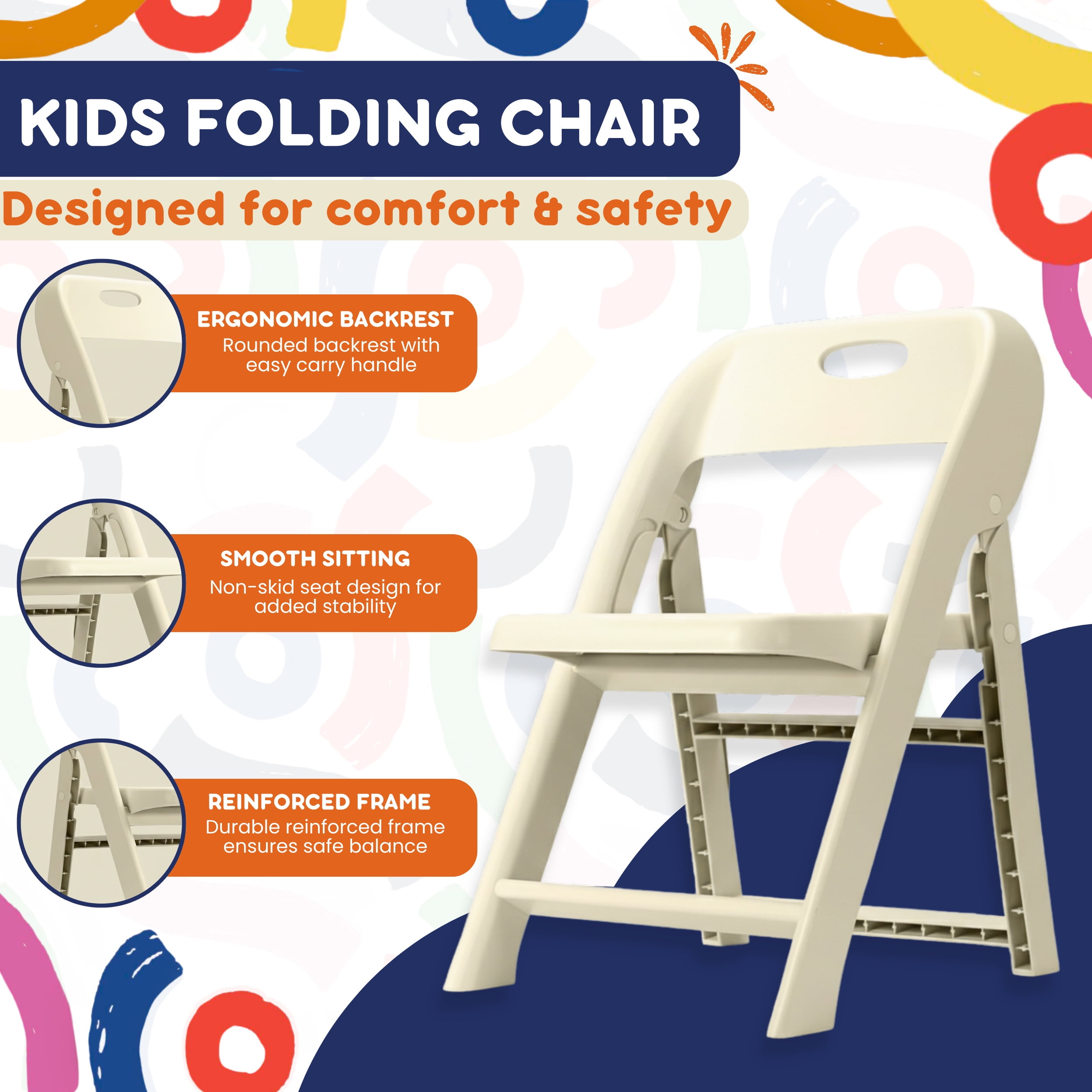 Giggle & Play Folding Chairs, Portable and Lightweight Kids Chair with Backrest, Beige, 2 Pack