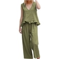 thumbnail image 4 of Cagogo Women's 2 Piece Outfits Sleeveless Tank Top Wide Leg Pants Set Casual Boho Beach Summer Loose V Neck Tops Flowy Pants Lounge Travel Matching Tracksuits, Army Green L, 4 of 9