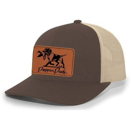 Droppin Drake Hunting Hat Duck Dog Duck Hunting Engraved Leather Patch Mens Mesh Back Trucker Hat Brown/Khaki
