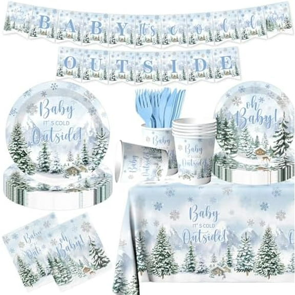 Winter Baby Shower Decorations, 142pcs Baby It' s Cold Outside Party Supplies Included Woodland Plates Napkins Tablecloth Banner, Blue Christmas Baby Shower Decorations for Boy