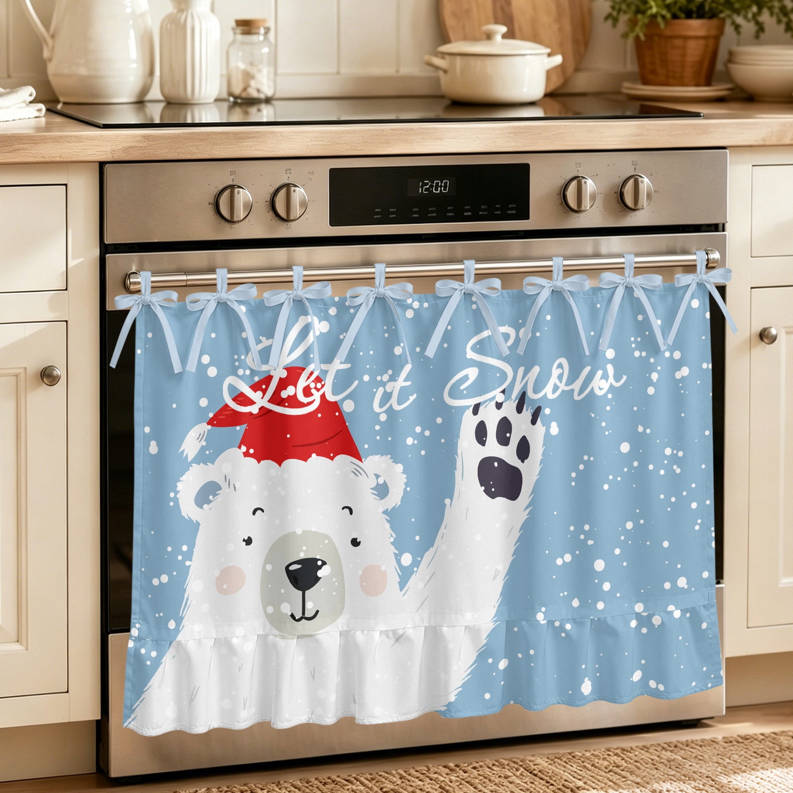 Oven Curtain for Kitchen Christmas Bear Snow on Blue Stove Curtain With Ruffled Trim Dishwasher Curtains Xmas Cartoon Red Hat Oven Skirt 32 x24