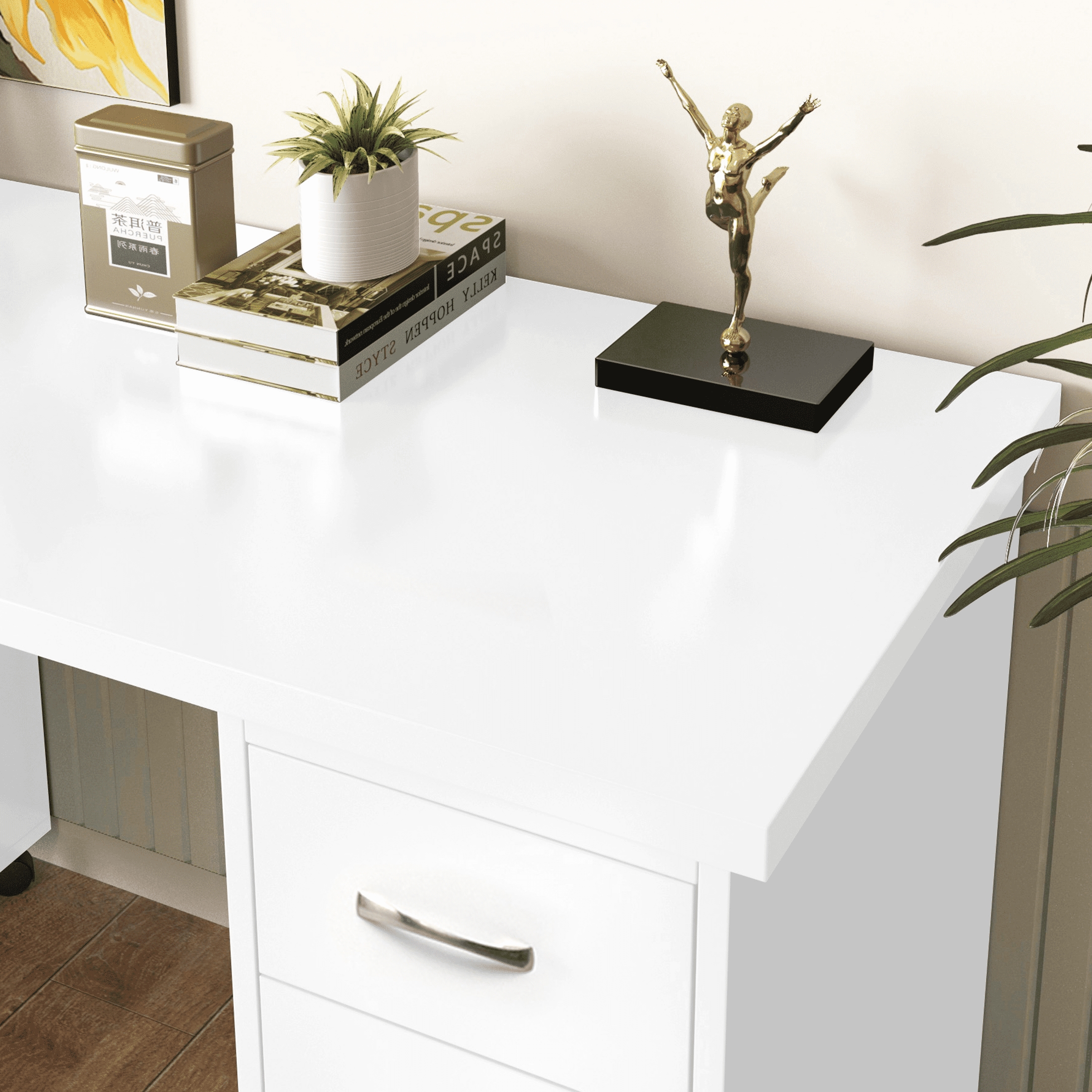 Sesslife White Computer Desk, Writing Desk with Lockable Wheels，Modern Wood Study Desk with 4 Drawers for Home Office Workstation