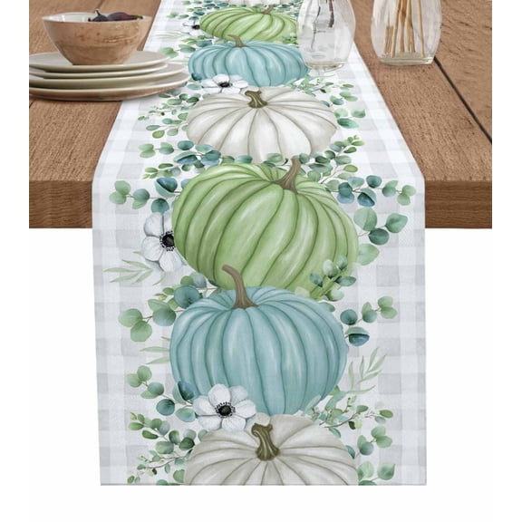 Fall Table Runner 72 Inches, Blue Green Pumpkins Thanksgiving Flower Leaf Plaid Bed Runner Dresser Scarves Tabletop for Indoor Outdoor Parties/Ceremony/Banquet, 14" x 72"