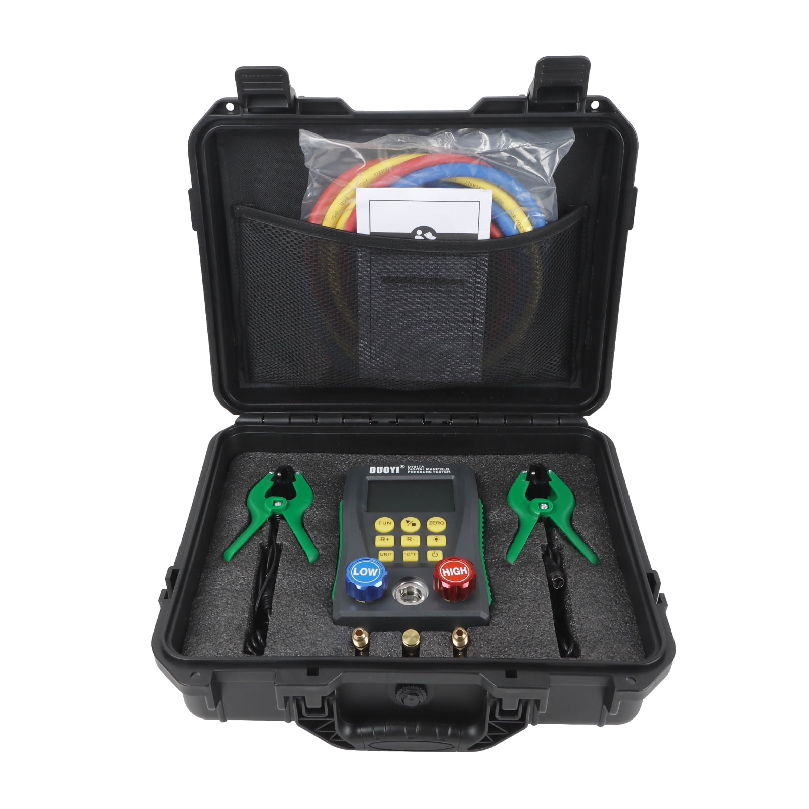 Duoyi HVAC Digital Manifold Gauge Set 89 Refrigerants Pressure Leak Vacuum Test Temp Clamps Hoses 0-6000 kPa Plastic