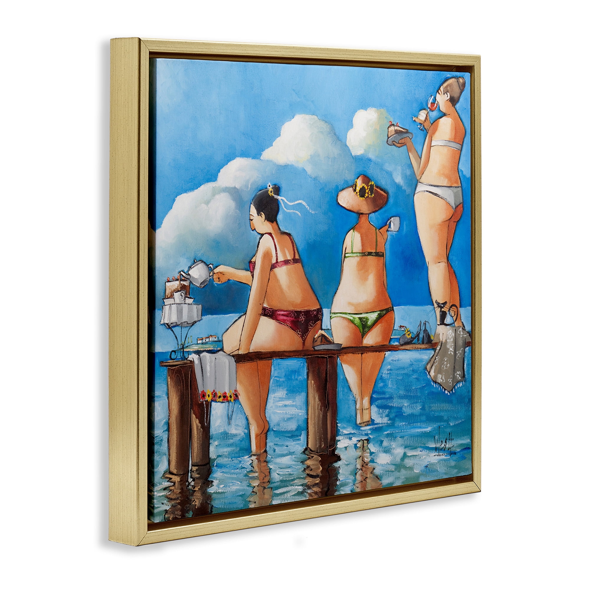 Stupell Industries Whimsical Summer Beach Ladies Nature Painting Gold Floater Framed Canvas Art Print Wall Art, 18 x 18