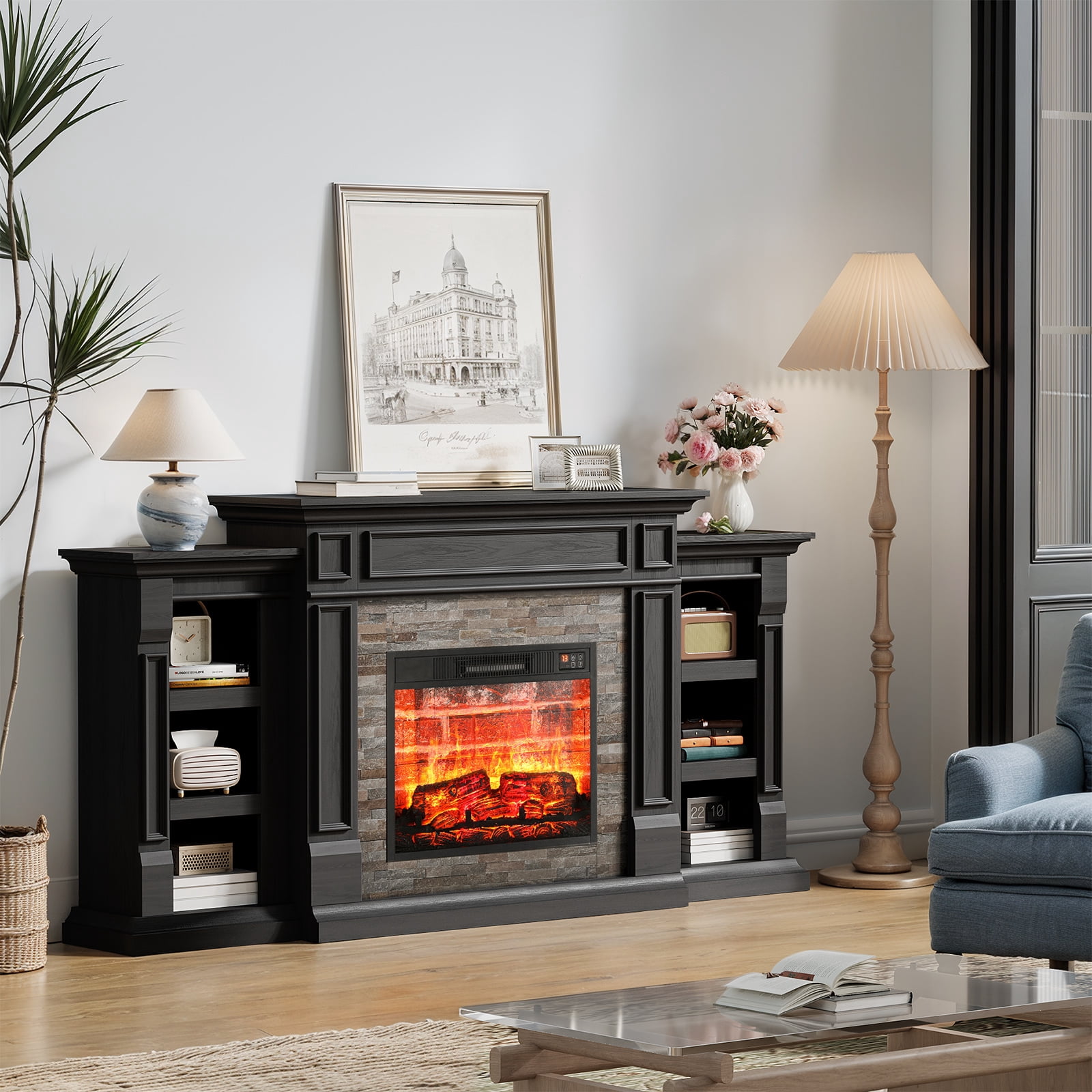 LGHM 72" Electric Fireplace TV Stand for 80 inch TV, Freestanding 23" Fireplace Heater with Mantel for Living Room, Bedroom, Red Brick, Black