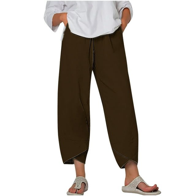 Timegard Plus Size Pants for Women Elastic Waist Solid Color Comfy Fall Casual Crop Pants with Pockets