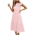 thumbnail image 3 of Jacenvly New Summer Dresses for Women 2024 Women'S Fashion Casual Round-Neck Short Sleeve Solid Color High Waist Dress Breathable Leisure Sundresses for Women Pink, 3 of 8