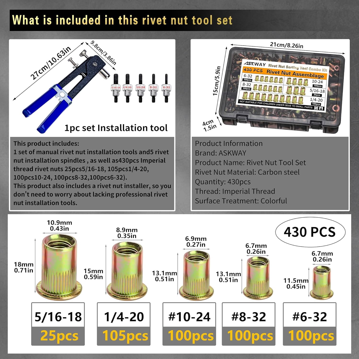 Imperial Rivet Nut Tool Kit 430pcs, SAE Rivet Nut Combination （5/16-18、1/4-20、10-24、8-32、6-32）, Suitable for Automotive, Marine and Industrial Applications(SAE Carbon Steel 430PCS)