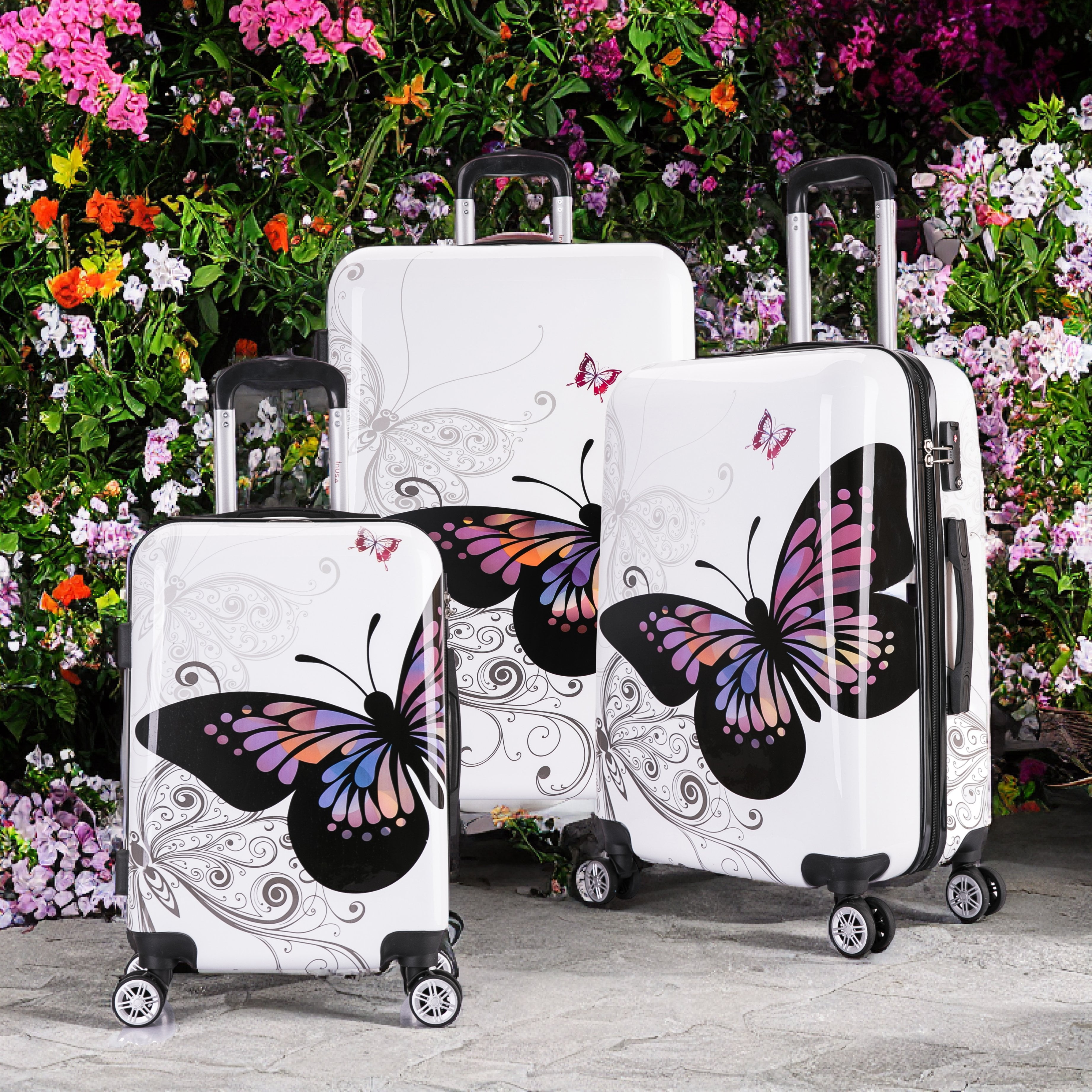 InUSA Print 3-Piece Hardside Luggage Sets with Spinner Wheels, Handle, Trolley, (20"/24"/28"), Butterfly