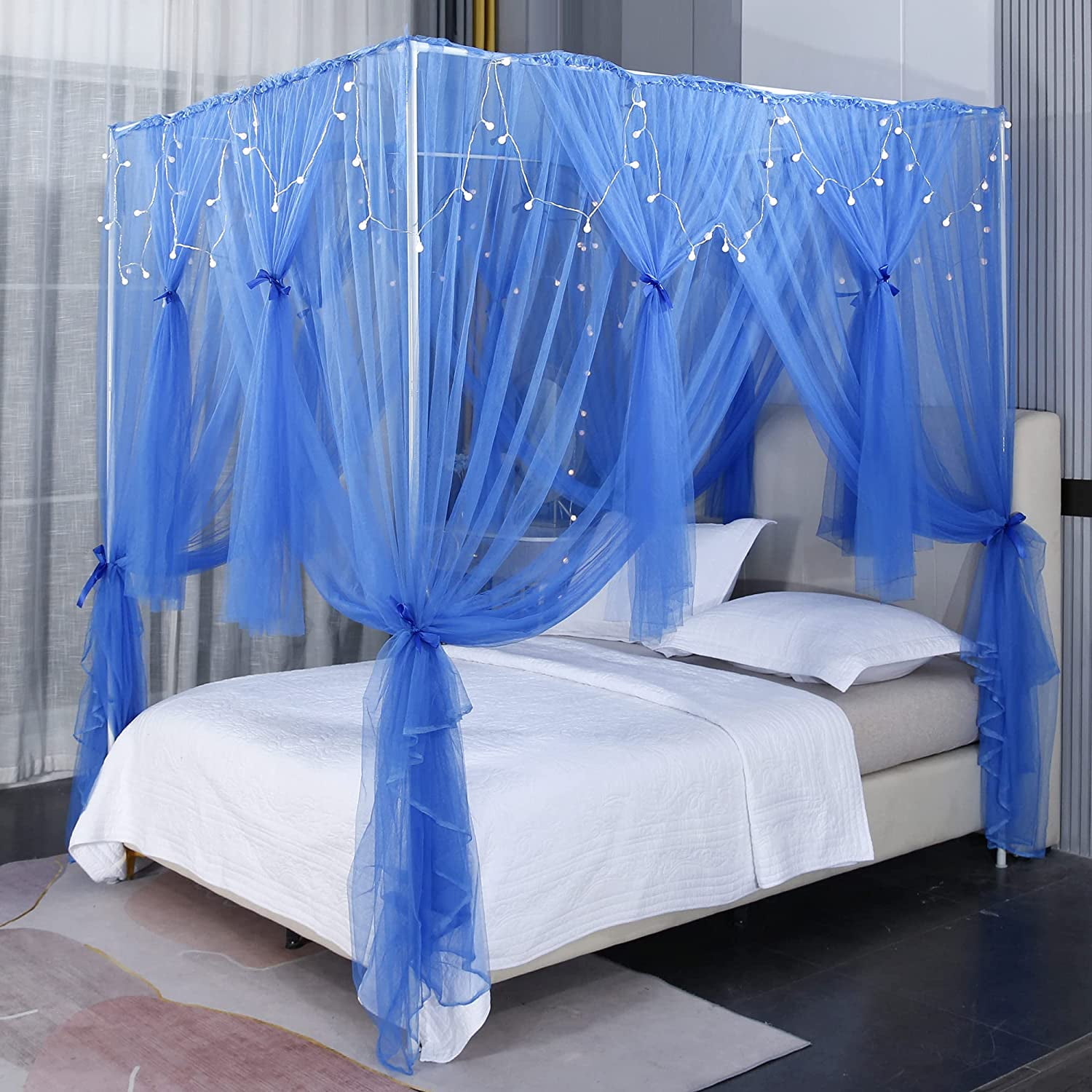 Nattey 4 Poster Corners Princess Bed Curtain Canopy Netting Canopies Twin Blue
