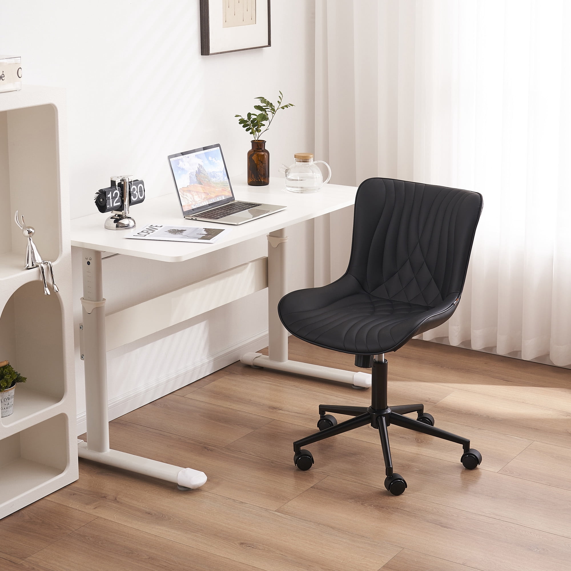 YOUNIKE Modern Office Chair with Wheels Adjustable Ergonomic Desk Task Chair in Mid-Back Black PU Design