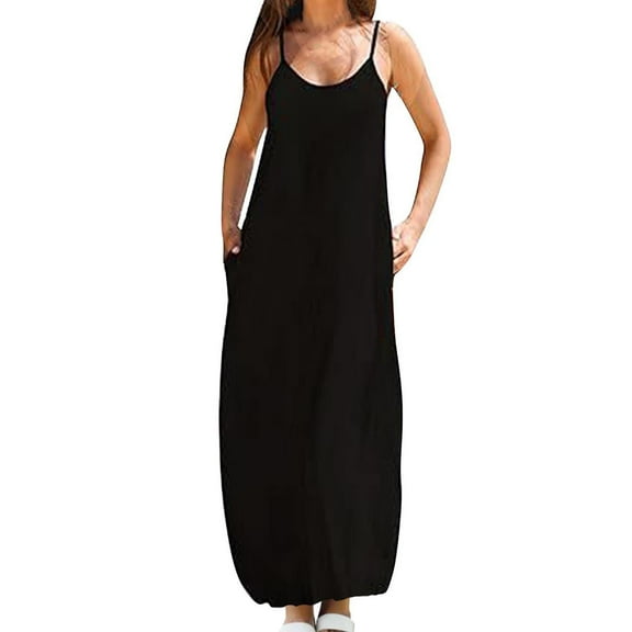 Kaemgyyd Women's Summer Maxi Dress Casual Loose V Neck Spaghetti Strap Dress Soft Sleeveless Long Dress with Pockets for Beach