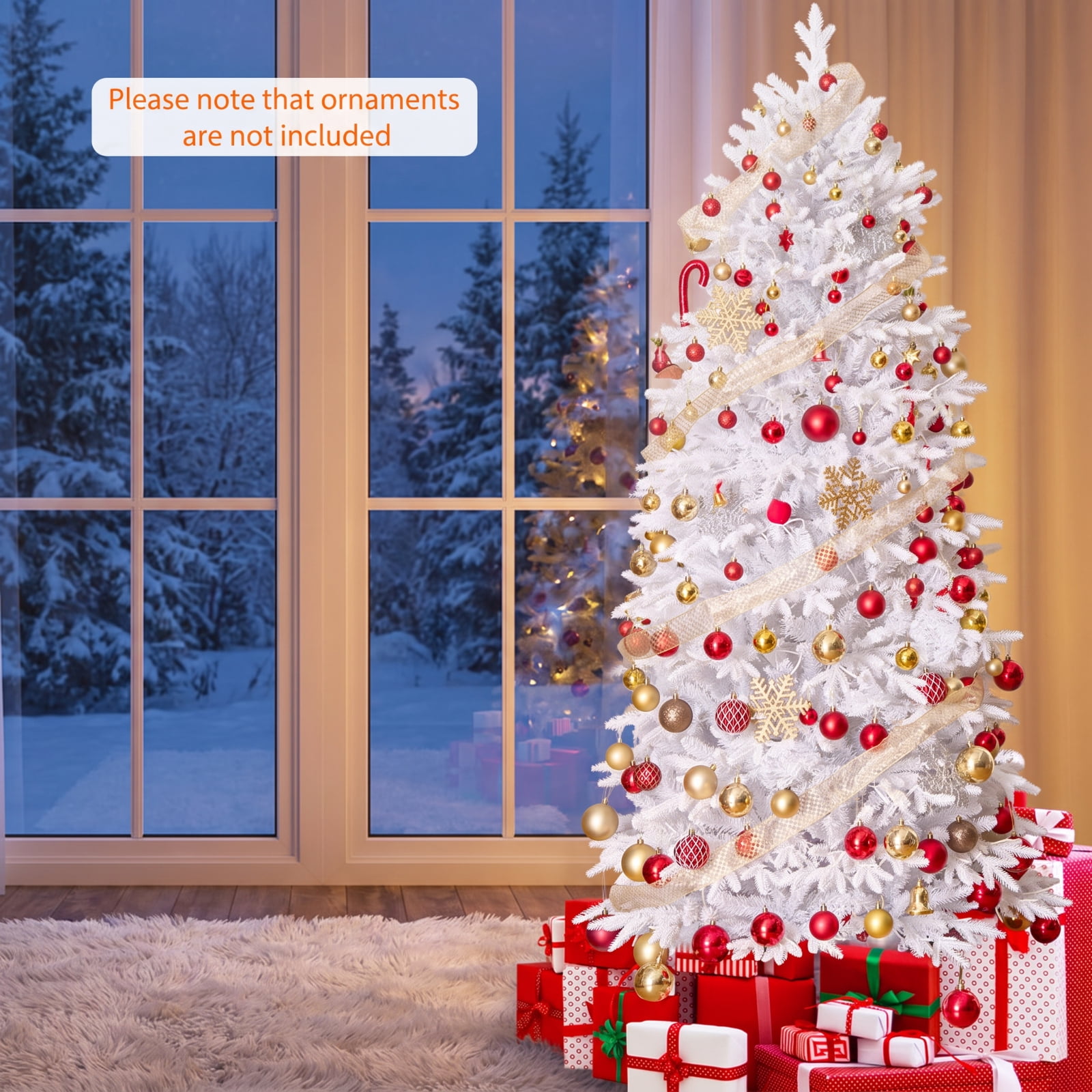 RUIE 7 ft White Christmas Tree, Pre-Lit Artificial Xmas Tree with 900 LED Lights and 1880 Branch Tips, Full Snowy Holiday Tree