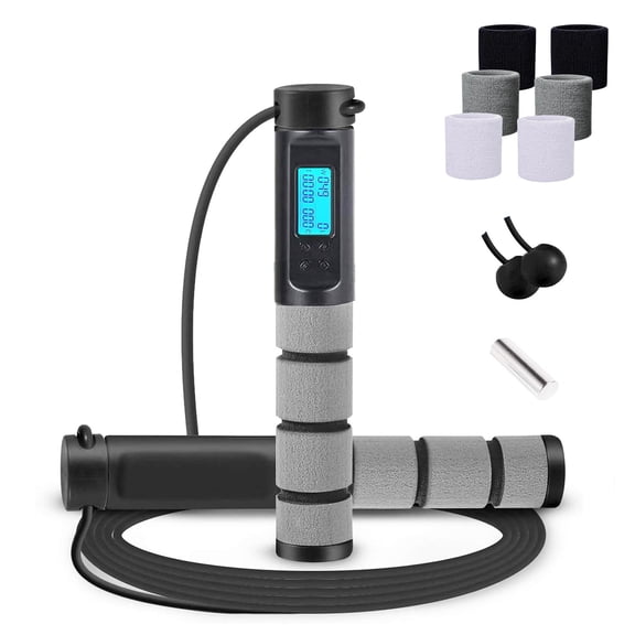Digital Weighted Jump Rope with Calorie Counter Includes 6 Sweat Wristbands, Adjustable 9ft Cord & Cordless Mode