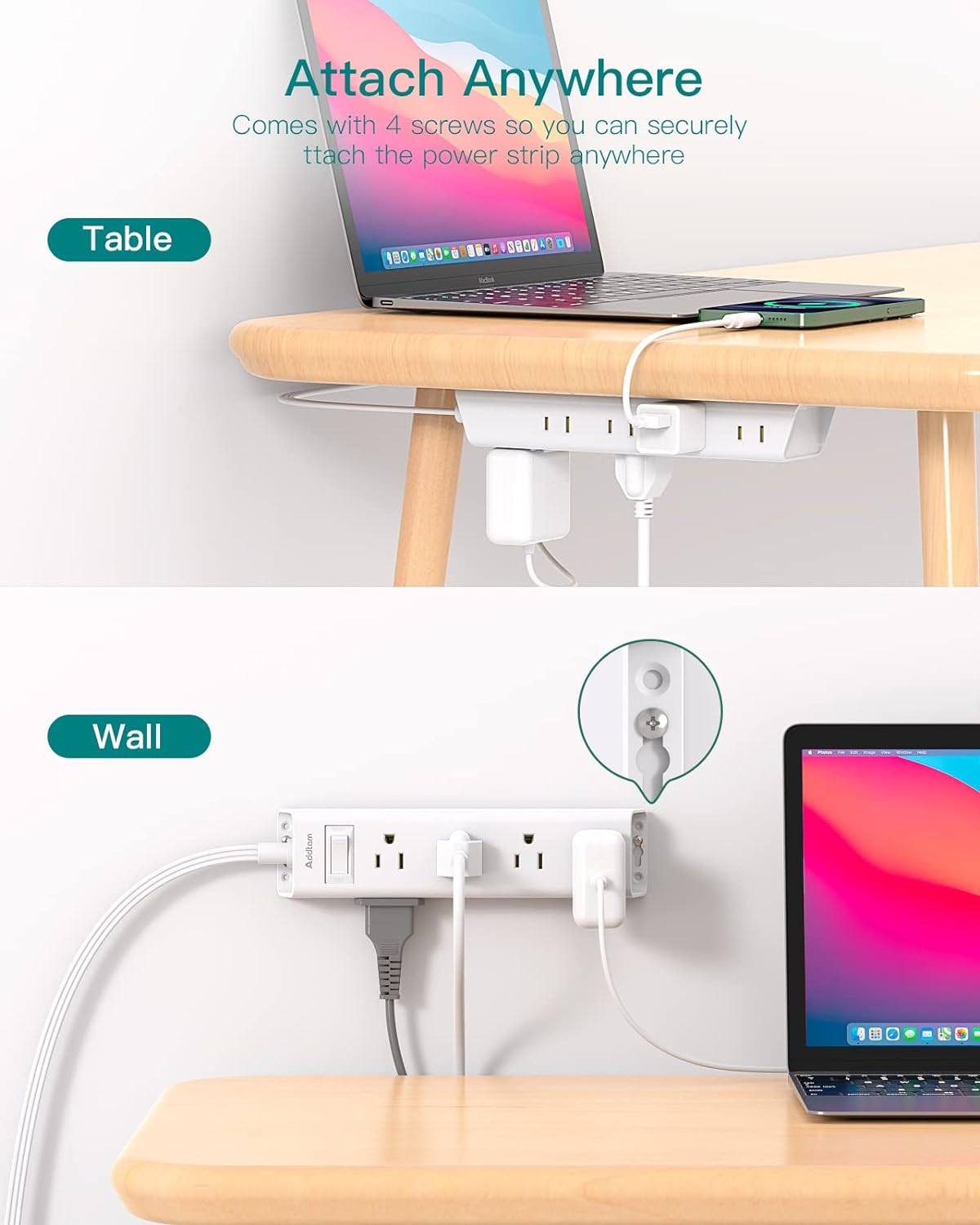 Flat Plug Power Strip, Ultra Thin Flat Extension Cord - 12 Outlet 3 Sides Multiple Outlets, 5Ft, 1050J Surge Protector, Wall Mount, Desk Charging Station for Home Office Dorm Room Essentials