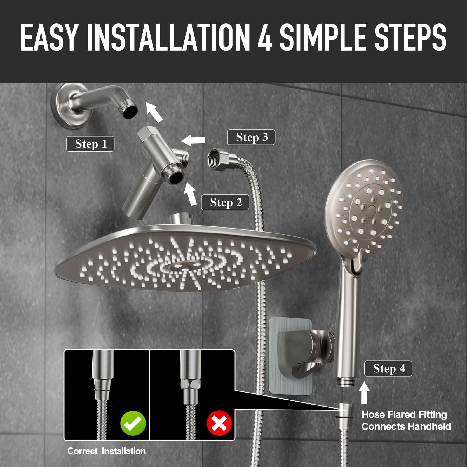 10'' Rain Shower Head With Handheld  High Rainfall Showerhead Combo 5 Water Spray Modes For Bathroom Accessories Home Decor Detachable Dual Heads Brushed Nickel