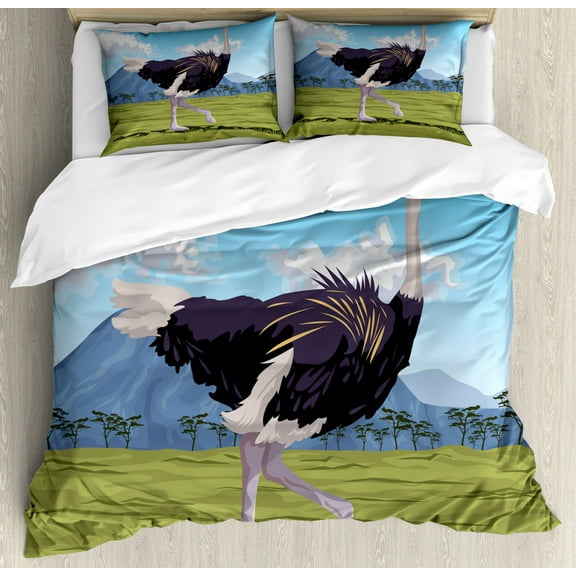Ostrich Duvet Cover Set Queen Size, Digitally Generated Landscape with a Side Shot Animal Figure, Decorative 3 Piece Bedding Set with 2 Pillow Shams, Pale Olive Green and Multicolor, by Ambesonne