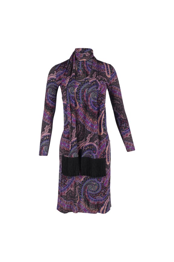 Pre-Owned Etro Paisley Print Dress w/ Scarf in Purple Polyester
