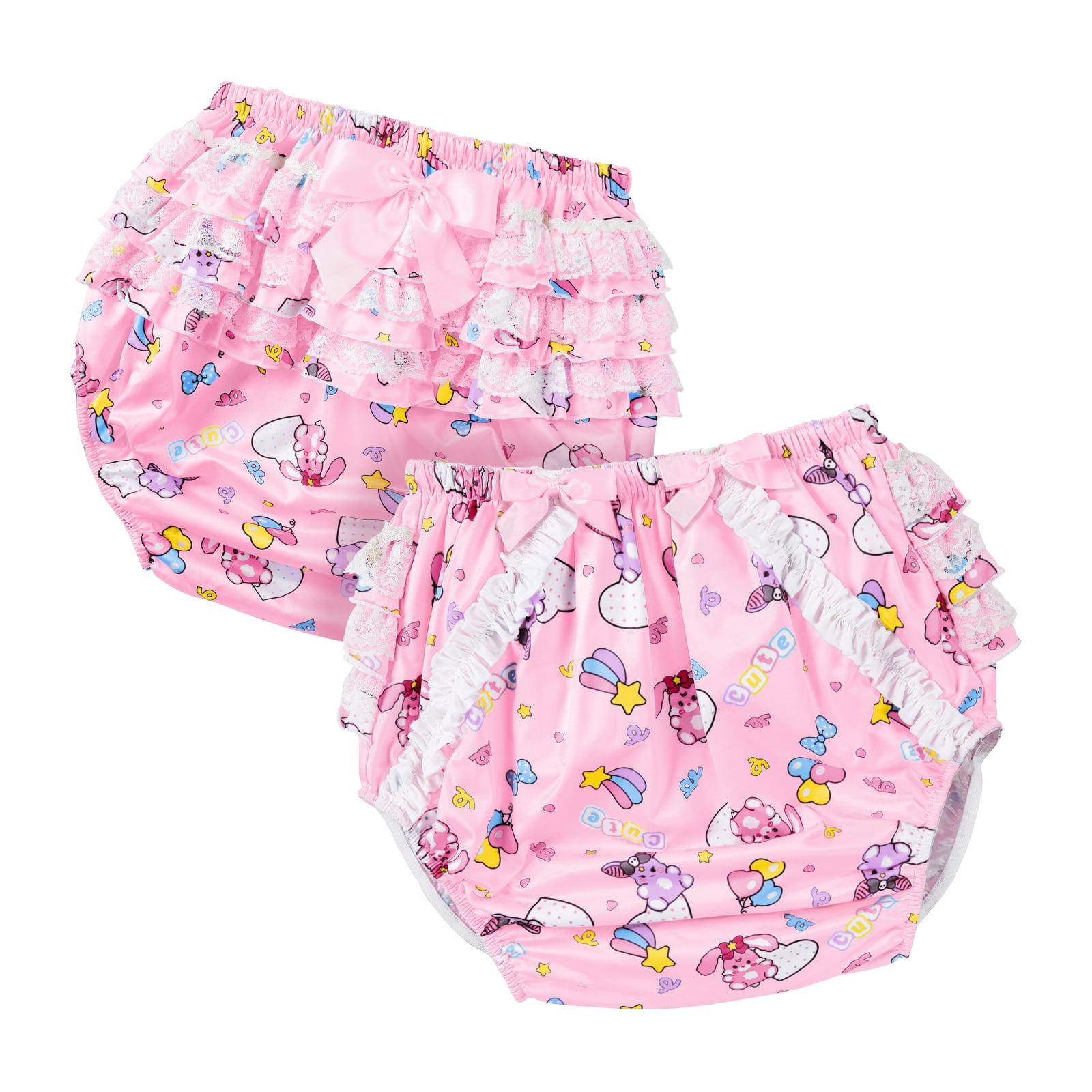 LittleForBig Silky Washable Reusable Waterproof Ruffled Lace Bow Baby Usagi & Bella Pattern Ruffle Adult Diaper Cover S