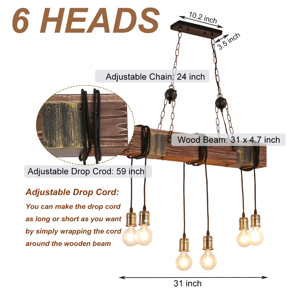 iMeshbean Rustic Chandelier Farmhouse Wood Beam Hanging Industrial Pendant Lighting Vintage Ceiling Light Fixture 6 Heads for Dining Table Kitchen Island Bar Coffee Billiard Pool Table Easy to Install