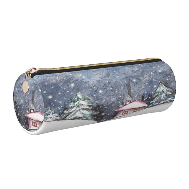 Disketp Watercolor Winter Landscape For Christmas Estuche Organizador de Lápices de Cuero, Estuche de Oficina con Cremallera para Bolígrafo y Lápiz