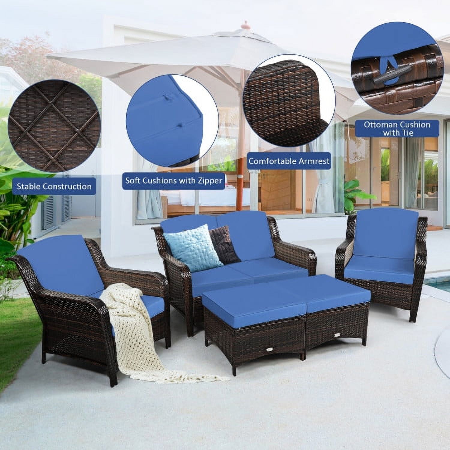 Aimee Lii 5 Pieces Patio Rattan Sofa Set with Cushion and Ottoman, Outdoor Wicker Patio Furniture Set, Navy Aimee Lii 5 Pieces Patio Rattan Sofa Set with Cushion and Ottoman, Outdoor Wicker Patio Furniture Set, Navy